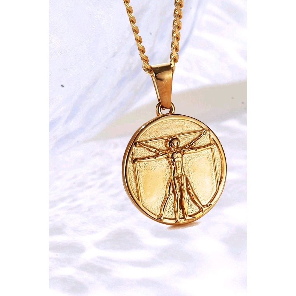 Vitruvian man Pendant 18k Gold Plated Stainless Steel‎ 20" Necklace